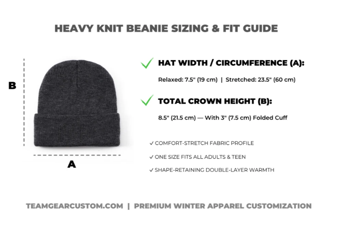 Bulk Beanie Hats Custom Logo Sizing Chart Flexible stretch dimensions and folding cuff height fit guide for bulk beanie hats custom logo alignment