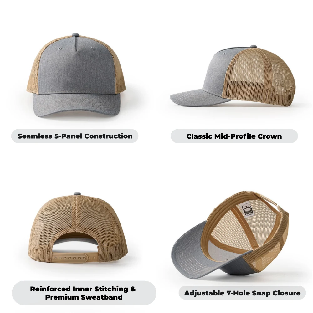 Custom Mesh Patch Hats Snapback Details Multi-angle view showing 4-panel details and plastic snapback for custom mesh patch hats