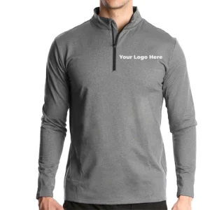 Custom quarter-zip tech pullovers wholesale with chest embroidered brand logo placeholders