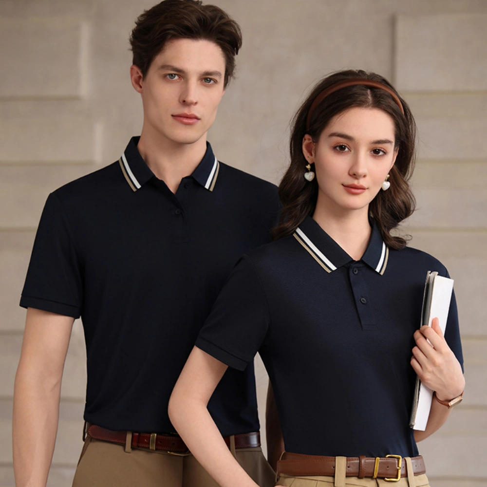 Wholesale Corporate Polo Shirts Unisex Lifestyle Show Wholesale corporate polo shirts displayed on male and female models in a unisex business casual lifestyle show
