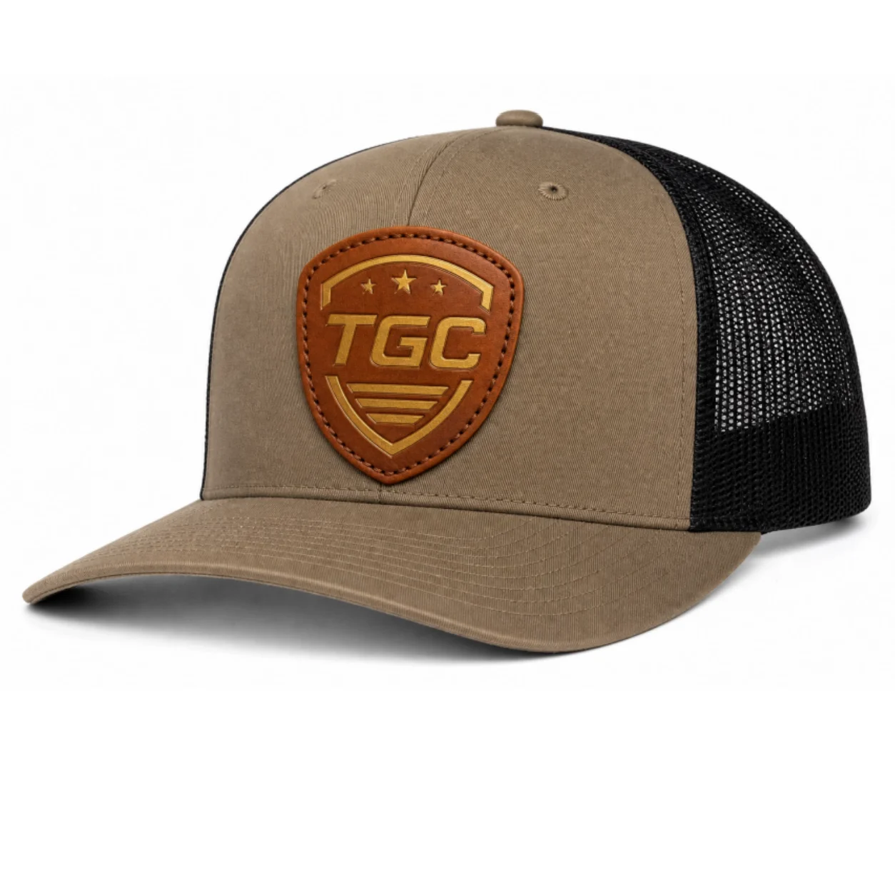 Custom 112 style trucker hat Debossed Leather Logo Patch detail