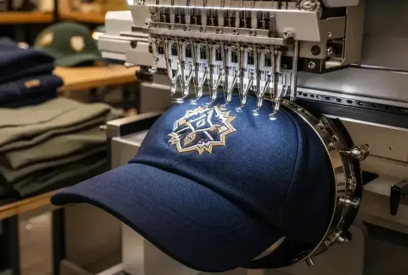 Home of Factory Direct Custom Headwear Row of industrial embroidery machines of trucker headwear