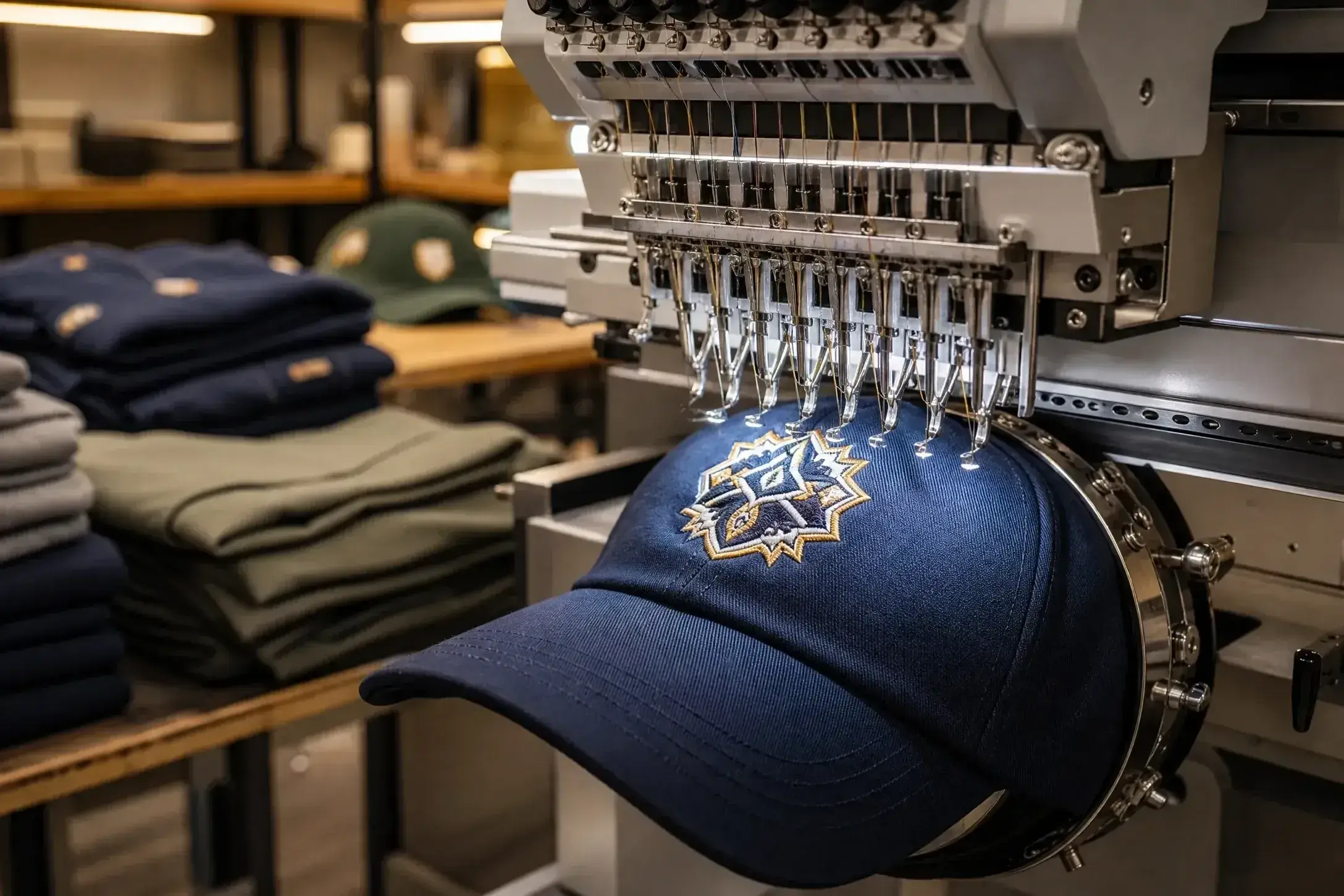 Custom 112 style trucker hat Row of industrial embroidery machines of trucker headwear