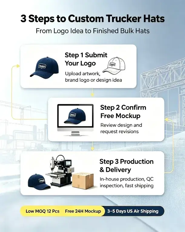 Home of Factory Direct Custom Headwear Custom trucker hats order process mobile vertical