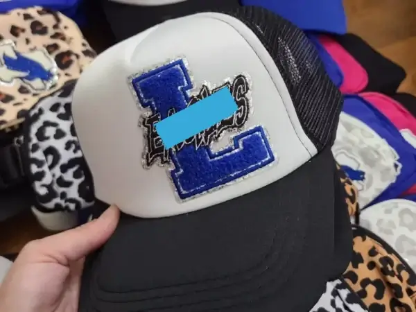 custom 115 foam trucker hat with custom Glitter Chenille Patch logo