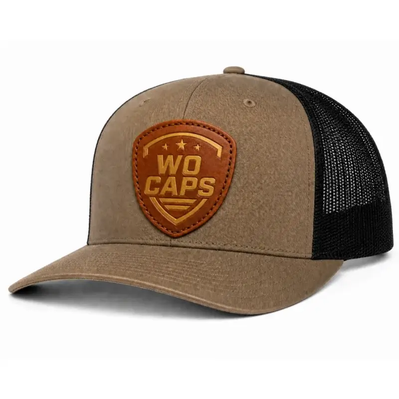 Home of Factory Direct Custom Headwear Debossed Leather Logo Patch Trucker Hat detail